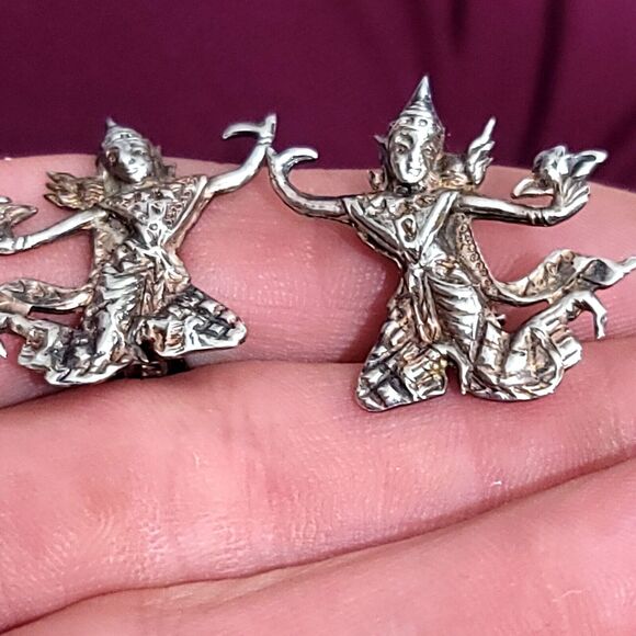 925 Sterling Silver Vintage Siam Thai Dancer Clip On Earrings - Picture 2 of 7